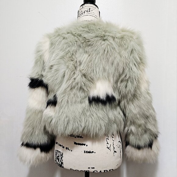 New Real Fox Fur Overcoat Jacket Blazer Eggshell Grey Pistachio Abstract No Mink - Picture 4 of 5